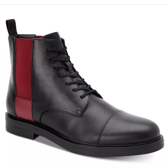 Calvin Klein Other - Calvin Klein Dameon Men’s Black Leather Lace-Up Boot with Red Side Panels 11.5